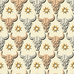 folk skull buffalo and sun native vector seamless pattern