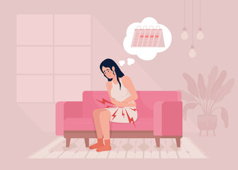 Lower abdominal pain during menstrual cycle flat color vector illustration. Young woman with painful periods. Fully editable 2D simple cartoon character with cozy living room interior on background - obrazy, fototapety, plakaty