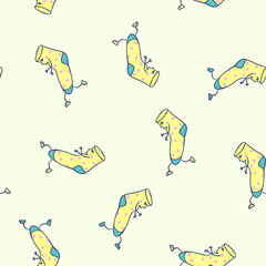 Seamless pattern with socks. Hand drawn cartoon character cute socks. Yellow blue soft colors, random chaotic pattern. Childrens drawing, design for kids.