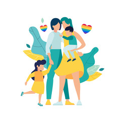 LGBT family couple of homosexual lesbians with happy children. men romantic relationship. children adopted by lesbians couple. Equal love for LGBT lesbian. pride month. vector illustration