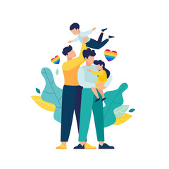 LGBT family homosexual couple gay with happy children. men romantic relationship. children adopted by a gay couple. Equal love for LGBT gays. pride month vector illustration