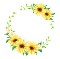 Circular frame of sunflowers and white mini roses