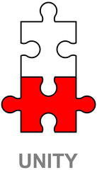 Unity concept. Two puzzle pieces connected together isolated vector icon flat design style. Symbol of teamwork, cooperation, partnership, interrelation of processes or persons, complete system