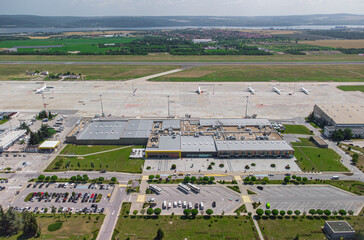 Airport with airplanes, aerial view