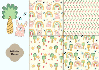 Seamless patterns cute rabbit. Seamless backgrounds with a rabbit and a rainbow for kids fabrics, paper, wallpapers