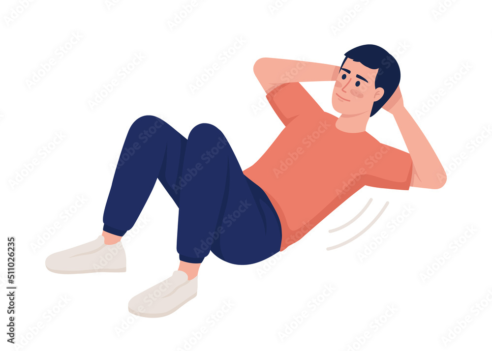 Poster man strengthening abdominal muscles with exercise semi flat color vector character. editable figure.