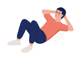 Man strengthening abdominal muscles with exercise semi flat color vector character. Editable figure. Full body person on white. Simple cartoon style illustration for web graphic design and animation