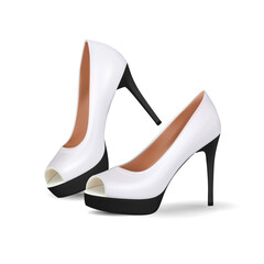 White and black suede high heel women shoe isolated on white background. Realistic vector, 3d illustration.