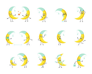 Cute moon character in nightcap with happy or sad emotions, panic, loving or brave face, hands and legs. Person with mask, glasses or hat. Vector flat illustration 