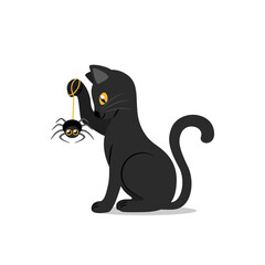 Cute black cat with yellow eyes holding funny spider in its paw. Design element for Halloween banner, greeting card, party invitation. Isolated on white. Vector flat illustration