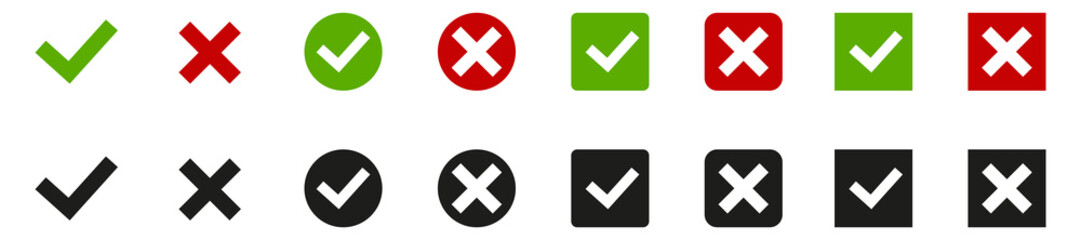Cross tick line icons. Green tick and red cross. YES or NO symbol of acceptance and rejection. Vector illustration