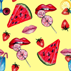 Hand drawn watercolor colorful pattern of a slices of watermelon, lollipops with lips and summer cocktails, strawberries, jiicy summer fruits,sweets,isolated on a yellow background.