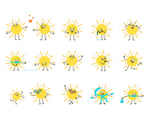 Cute sun character with happy or sad emotions, panic, loving or brave face, hands and legs. Person with mask, glasses or hat. Vector flat illustration 