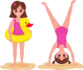 Obraz na płótnie Canvas summer vector illustration, two girls, summer activities - swimming, acrobatics on the sand, sunbathing