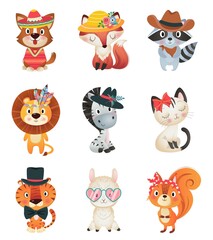 Collection of cute funny animal faces or heads wearing glasses, hats, headbands and wreaths. Set of various cartoon muzzles isolated on white background. Colorful hand drawn vector illustration