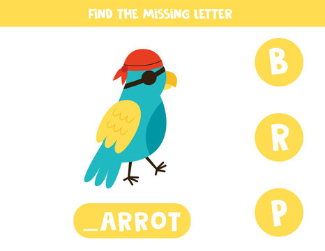 Find missing letter with cute pirate parrot. Spelling worksheet.