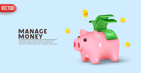 Piggy bank Money creative business concept. Pink pig and pile gold coins and paper green dollars. Keep and accumulate cash savings. Safe finance investment. Financial services. vector illustration