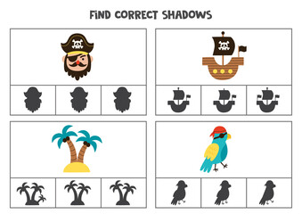 Find correct shadow of pirate elements. Printable clip card games for children.
