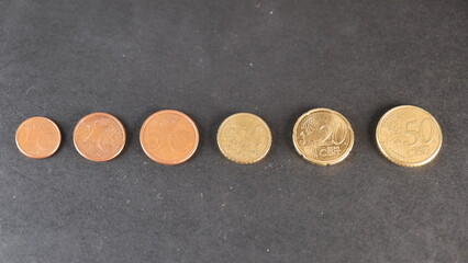 Row of European cents from minus to plus. Concept Money in a row with black background. Concept  1,...