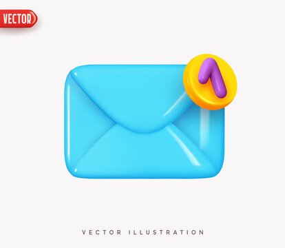 Mail envelope icon with sing unread notification. Envelope letter paper. Send post messages social media element. Realistic 3d symbol email. Isolated object on gray background. vector illustration