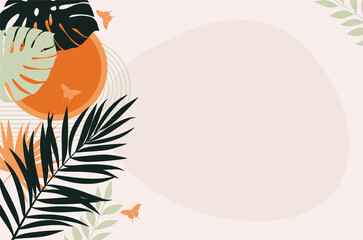 Tropical retro palm and monstera leaves frame. Summer tropical leaf. Ethnic hawaiian jungle, summertime background. Vintage style.