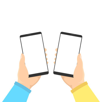 Two hands holding a phone with message, icons and emoji. Communication concept on white background. Concept of social networks. jpeg image flat cartoon illustration for website and banner design. jpg 