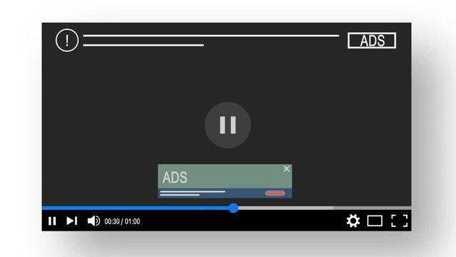 Video Player Ads Interface. Illustrative Animation of Multimedia performer Showing Advertising banners on Video Screen.   