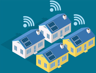 Technology for remote controlling smart home system using Wi-Fi or Internet connection. Renewable sustainable building with solar panels. Family house on urban smart city street. Eco friendly house