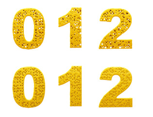 Cheese alphabet. Numbers 0, 1, 2. 3d illustration. Easy cutting. Isolated white background.