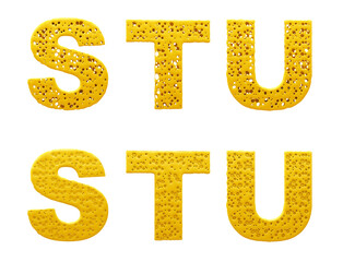 Cheese alphabet. Letters S, T, U. 3d illustration. Easy cutting. Isolated white background.