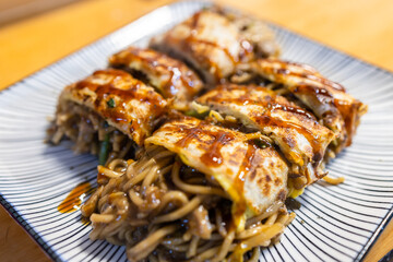 Fry noodle omelet in street market of Taiwan