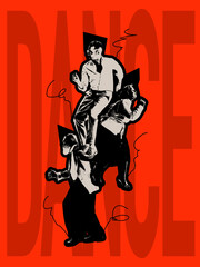 Fototapeta premium Collage with three dancer dressed in 70s, 80s fashion style dancing rock-and-roll over red background with lettering. Poster graphics