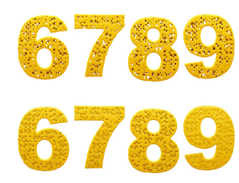 Cheese alphabet. Numbers 6, 7, 8, 9. 3d illustration. Easy cutting. Isolated white background.