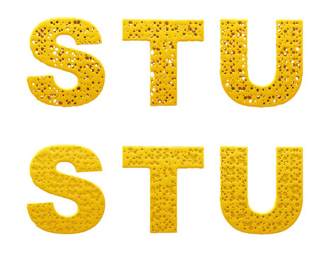 Cheese alphabet. Letters S, T, U. 3d illustration. Easy cutting. Isolated white background.