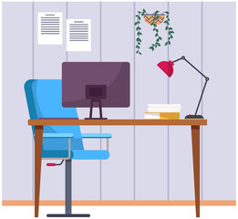 Organization of workplace of employee. Design of room, space for working in office. Arrangement of furniture table with laptop and chair in interior. Place for working with technology at home