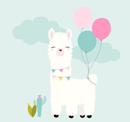 Cute Lama holding balloons and banners for a party with cactuses and clouds