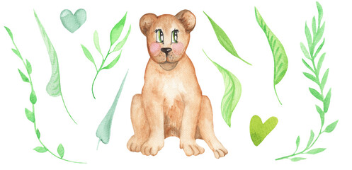 Circus animals - lion set. Watercolor hand drawn illustration.Safari animals.Cartoon leon.