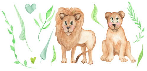 Circus animals - lion set. Watercolor hand drawn illustration.Safari animals.Cartoon leon.