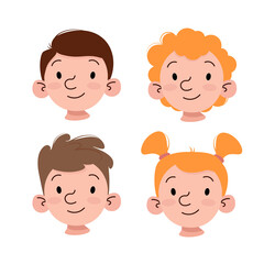 Set of different faces of children with different hairstyles