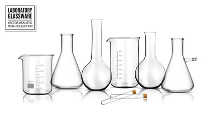 Collection of empty chemical glassware in laboratory isolated on white background. Realistic vector, 3d illustration