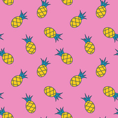 Vector seamless pattern with pineapples. Retro pattern with tropical fruit on pink background. Groovy pattern with yellow pineapples. Wrapping and clothing.