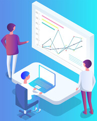 Business people communicating in office discuss statistics, analyze different charts and graphs. Financial accounting concept. Organization process, analytics, planning, report, market analysis