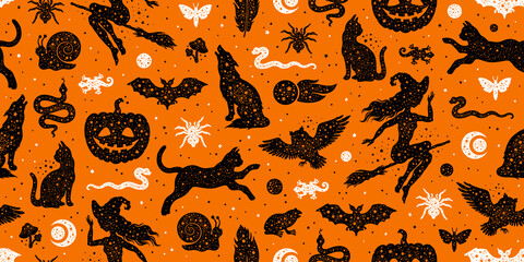 Halloween seamless pattern. Vector background with pumpkin cat witch bat spider. Cute autumn design. Black spooky wallpaper illustration. Scary holiday horror sketch art. Magic halloween pattern print