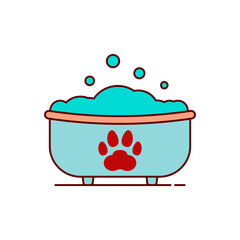 Bath with paw print. Washing in the bathtub for pet. Outline and line style. Isolated colored vector illustration on white background.