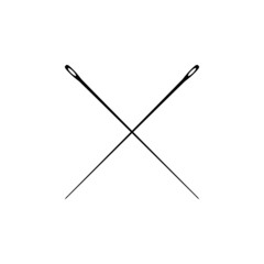 Two crossed thin sewing needles. Template for logo design. Vector illustration and drawing on white background.