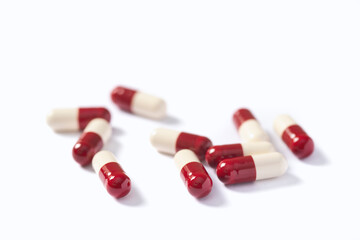 Drug prescription for treatment medication. Pharmaceutical medicament,  Pharmacy theme, Heap of red white medicament