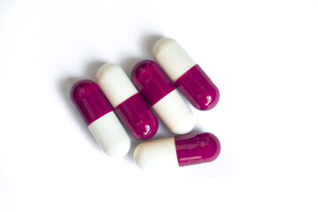 Drug prescription for treatment medication. Pharmaceutical medicament,  Pharmacy theme, Heap of red white medicament