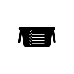 Shopping list icon with basket. Plastic shop basket with handle and lines and check mark set. Vector illustration on white background.