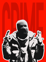 Contemporary art collage. Black and white man wearing balaclava isolated over bright red background with grey crime lettering. Poster graphics