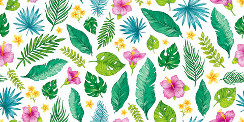 Hibiscus pattern. Seamless floral vector. Flower palm leaf background print. Hawaii jungle summer exotic wallpaper. Hawaiian plant design. Beach tropic vintage illustration. Hibiscus floral pattern - obrazy, fototapety, plakaty